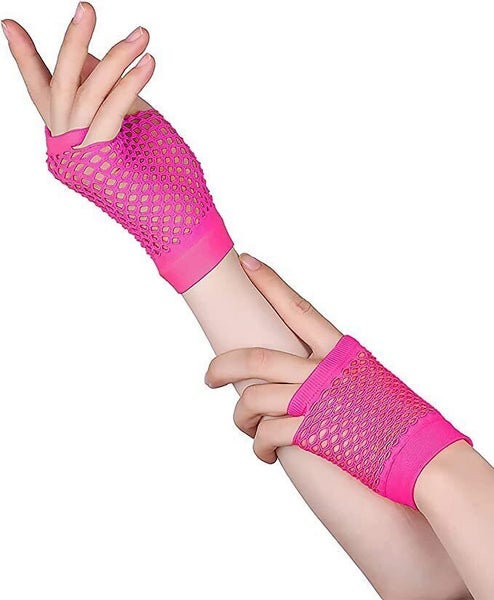 24 Pair Fishnet Gloves Fingerless Wrist Length 70s 80s Costume Party - Hot Pink Carousel 1