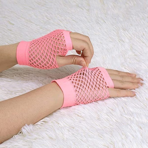 24 Pair Fishnet Gloves Fingerless Wrist Length 70s 80s Costume Party Light Pink Carousel 2