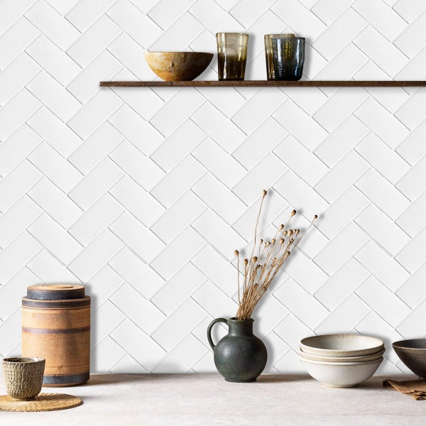 Tile Vinyl Peel n Strick Wall / Splashback White Herringbone (10 pack) Carousel 2