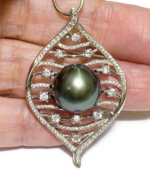 Handmade Round 12mm Peacock Grey Green Tahitian Pearl Pendant Carousel 1