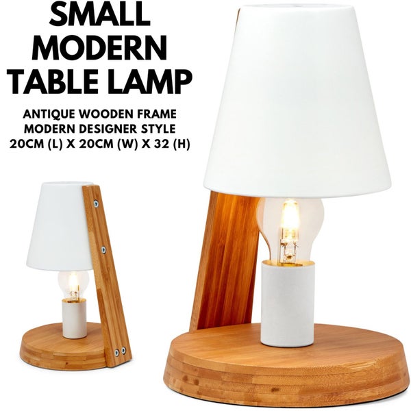 32cm Wooden Base Modern Desk Table Lamp Light Metal Shade Designer - White Carousel 8
