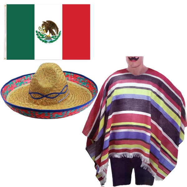 3pc Set Mexican Flag + Poncho + Sombrero Set Costume Wild West Cowboy Party Carousel 1