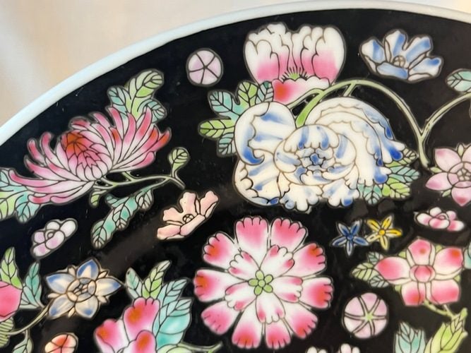Vintage China Jingdezhen Zhongguo Famille Noir Floral Plate Carousel 2