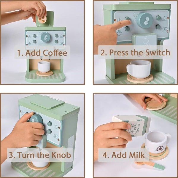 Kids Wooden Toys Toddler Pretend Play Kitchen Accessories Green Coffee Maker Carousel 1