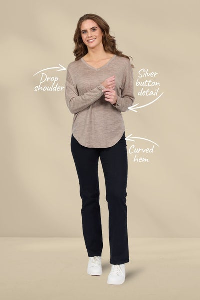 Vassalli Merino V Neck Top with Button Cuff Detail Twig Carousel 2