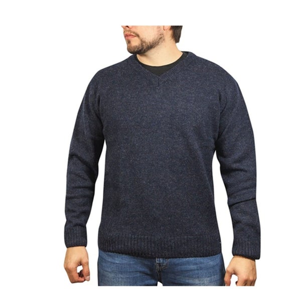 100% Shetland Ragg Wool V Neck Knit Jumper Pullover Mens Sweater Knitted - Navy Carousel 1