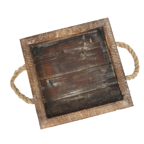 Wooden Antique Design Square Tray Home Restaurant Decor w/ Rope Handles Carousel 1