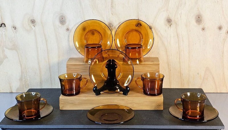 Vintage Parisienne Design. 6 x Duralux Amber Glass Teacups and Saucers. Carousel 1
