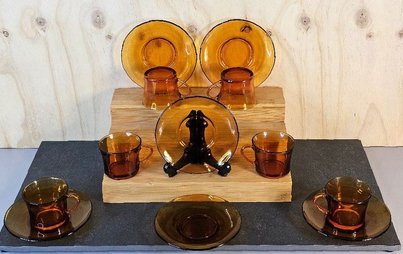 Vintage Parisienne Design. 6 x Duralux Amber Glass Teacups and Saucers. Carousel 2