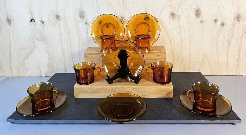 Vintage Parisienne Design. 6 x Duralux Amber Glass Teacups and Saucers. Carousel 4