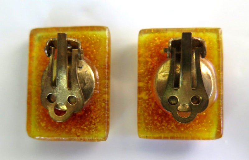 VINTAGE HAND MADE AMBER COLOUR CRACKLED GLASS EARRINGS Carousel 2