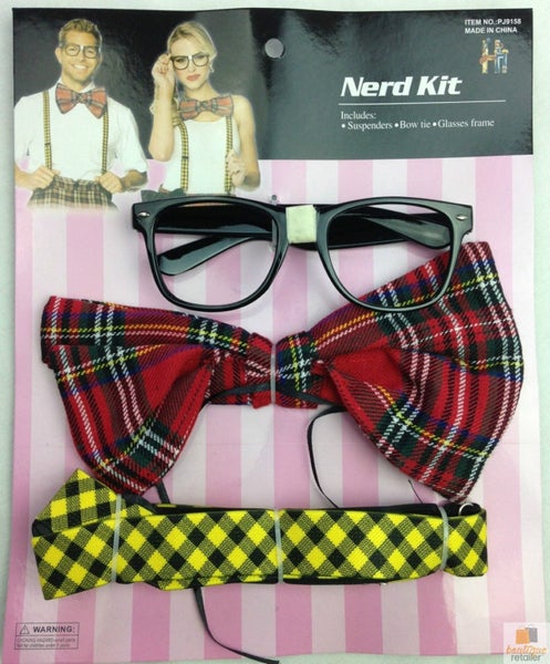 NERD COSTUME KIT Set Geek Glasses Fancy Dress Retro Funny Braces Bow Tie Party Carousel 7