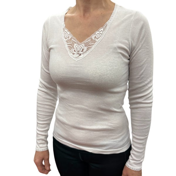 Thermo Fleece Ladies Thermal Long Sleeve Top Poly Cotton Spencer - White Carousel 1