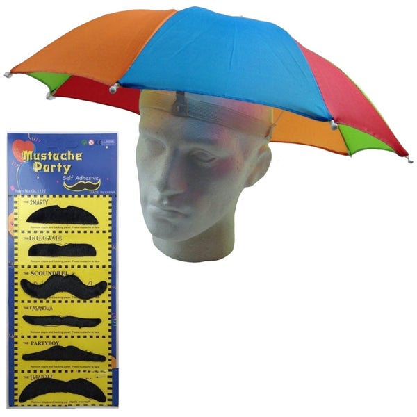 2-pc-Set Rainbow Umbrella Hat + 70s Fake Moustache Costume Props Novelty Fancy Carousel 1