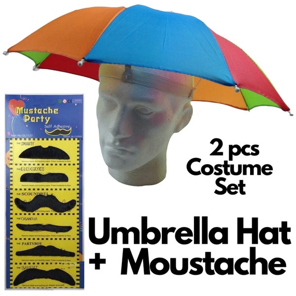 2-pc-Set Rainbow Umbrella Hat + 70s Fake Moustache Costume Props Novelty Fancy Carousel 2