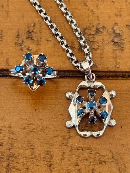 Vintage 9 carat Gold Natural Sapphire Ring & Pendant Set Carousel 2