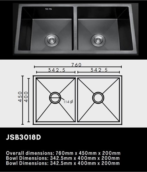 Double Bowl Stainless Steel Sink 760x450mm Dark Grey Carousel 2