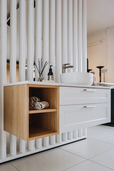 Single Vanity with open shelving and 2x drawers Carousel 1