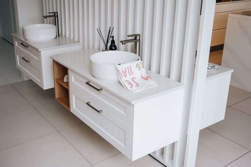 Single Vanity with open shelving and 2x drawers Carousel 2