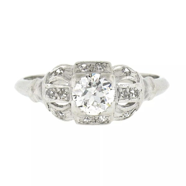 Antique Art Deco Platinum 0.62ctw Old Euro Diamond Engagement or Promise Ring Carousel 1
