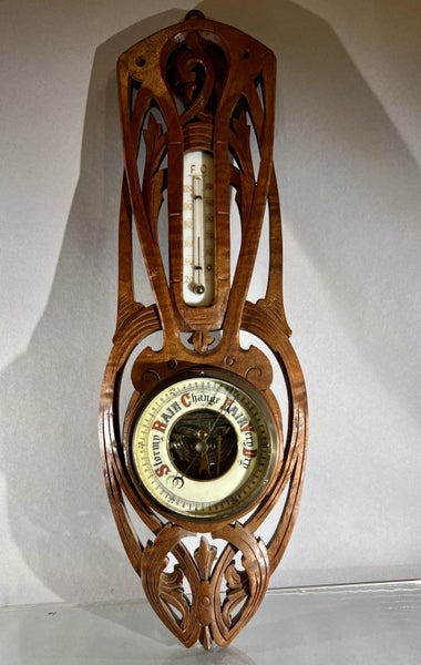 Antique Jugendstil Visible Works Banjo Barometer with Thermometer Carousel 2