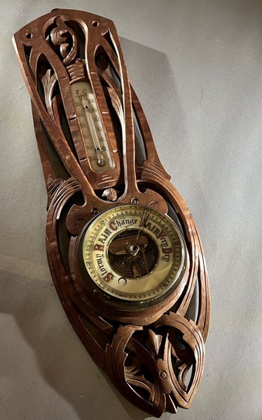 Antique Jugendstil Visible Works Banjo Barometer with Thermometer Carousel 1