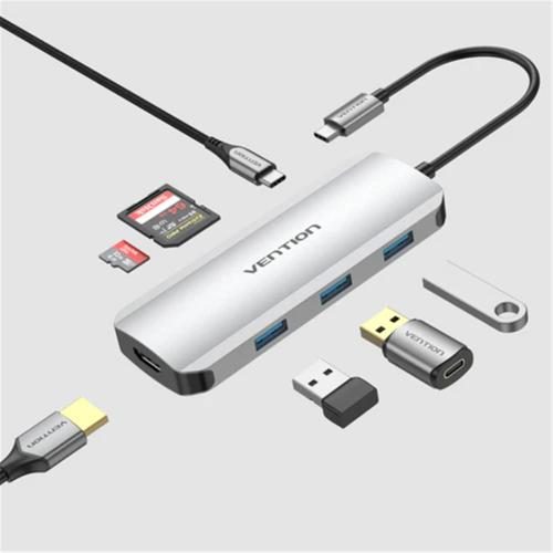 Vention TOJHB USB-C to HDMI/USB 3.0x3/SD/TF/PD Docking Station Gray 0.15M Carousel 1