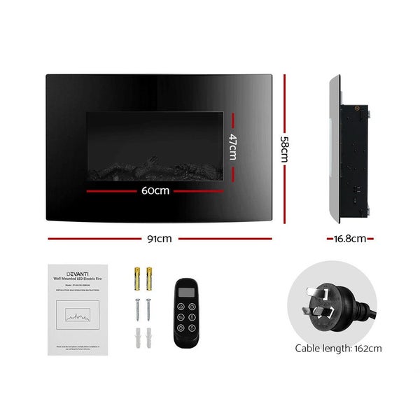 Devanti 2000W Wall Mounted Electric Fireplace Log Wood Heater Realistic Flame Carousel 2