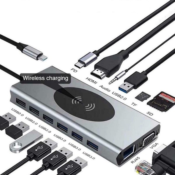 15 In 1 USB C Hub Ethernet HDMI VGA USB 3.0 Hub PD Wireless Charging Card Reader Carousel 1