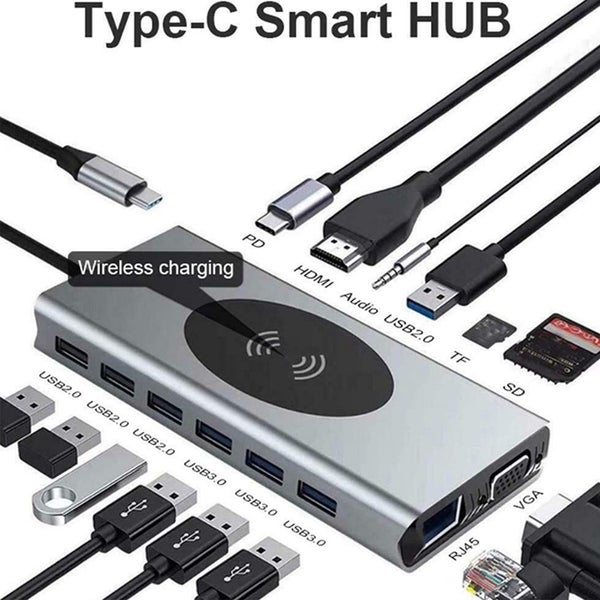 15 In 1 USB C Hub Ethernet HDMI VGA USB 3.0 Hub PD Wireless Charging Card Reader Carousel 2