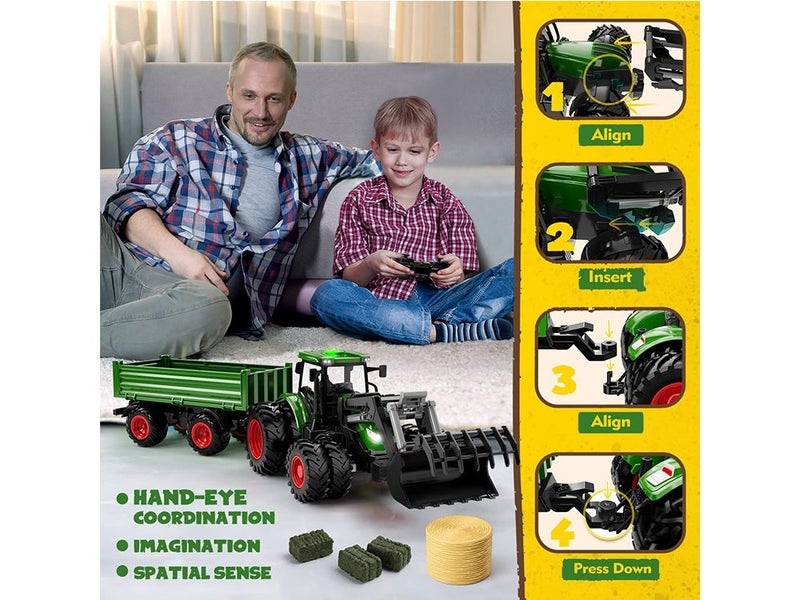 Remote Control Tractor Toy for Kids Trailer Front Loader Metal Car Head 8 Wheels Carousel 2