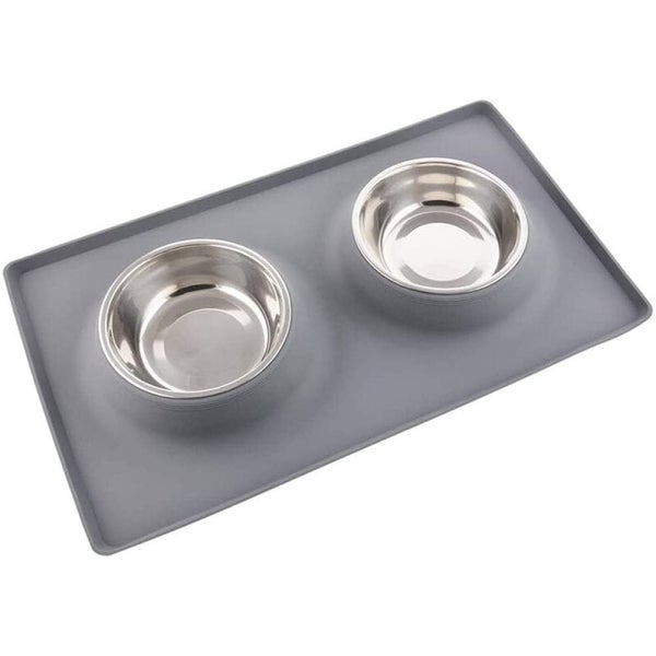 Stainless Steel Non-toxic Pet Water Food Double Bowl with Silicone Mat Carousel 1