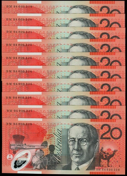 Australia - 1994 - $20 - 10 Consecutive Notes - BM94000319-328 - 501a - Unc Carousel 1