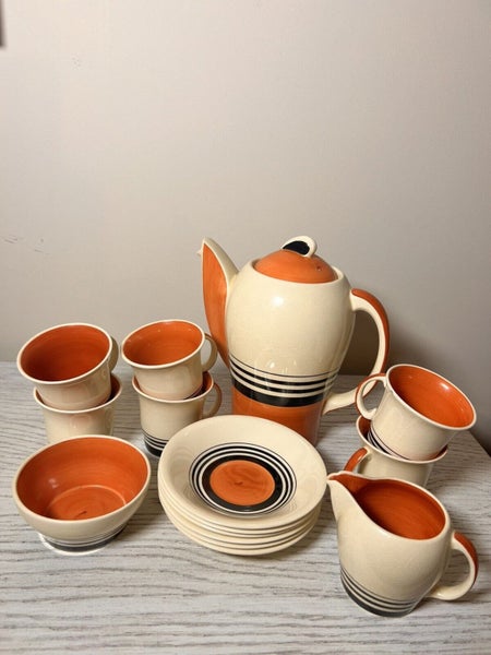 Vintage Susie Cooper 1930s Art Deco Kestrel Tango Orange 15 Piece Coffee/Tea Set Carousel 1