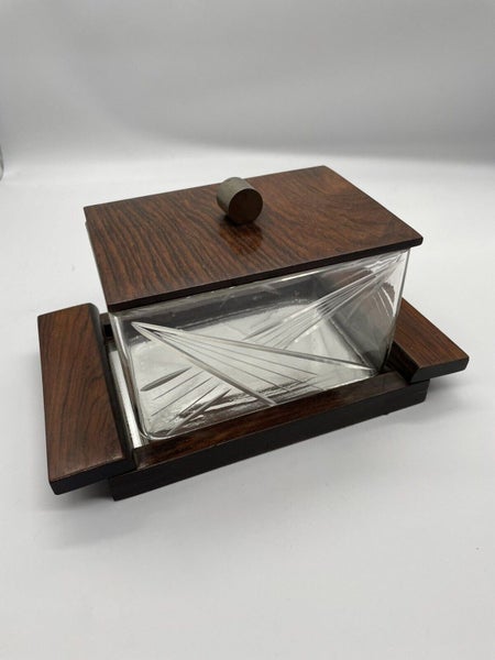 Art Deco Cut Glass and Rosewood Biscuit Box on Mirrored Tray, 1930s Carousel 2
