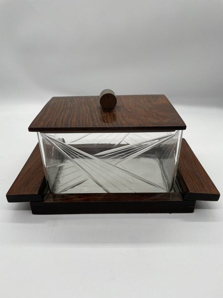 Art Deco Cut Glass and Rosewood Biscuit Box on Mirrored Tray, 1930s Carousel 1