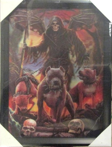 Grim reaper with pitbulls picture, framed, 42.5cm x 32.5cm. Carousel 1