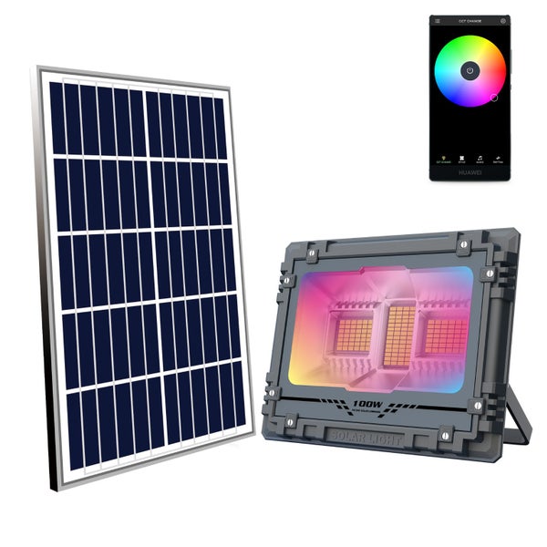 Variable colours and white solar flood light with R/C and phone app. 772Lm #953 Carousel 1
