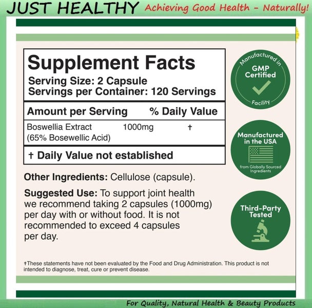 BOSWELLIA EXTRACT - 1000 mg / SERVE 65% BOSWELLIC ACID -240 VEGE CAPS NO FILLERS Carousel 2