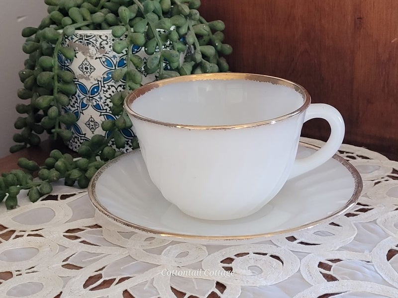 Mid Century Fire King Milk Glass Cup & Saucer White Swirl & Gold $1 RES Carousel 1