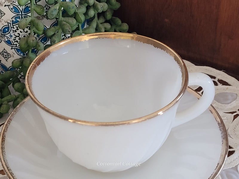 Mid Century Fire King Milk Glass Cup & Saucer White Swirl & Gold $1 RES Carousel 2