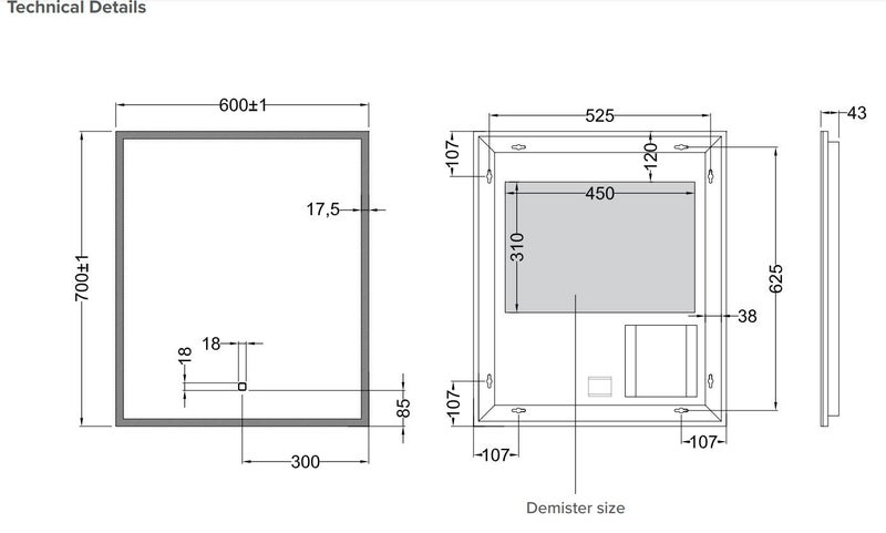 600 Broadway Rectangular Mirror with LED Lighting & Demister (IR Sensor) Carousel 2