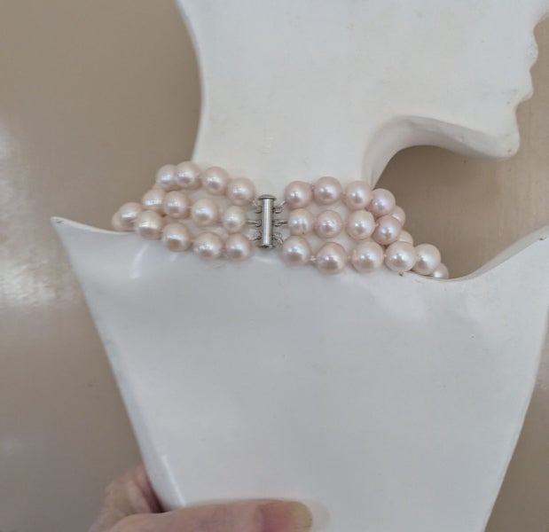 10 - 12mm White Cultured Pearl 21" Triple Strand Necklace Carousel 2