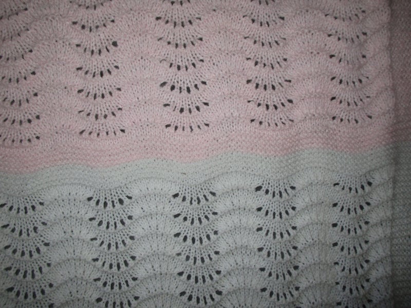 Baby pink and white Feather and Fans baby shawl/blanket 4 ply wool** Carousel 1