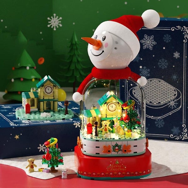 Christmas Theme Model Bricks Snowman Music Box With Lighting Building Block T Carousel 4