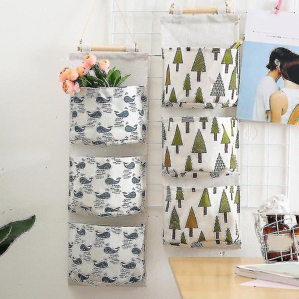 Wall Mounted Storage Bag with 3 Pockets: Waterproof Linen Fabric Organizer for C Carousel 2