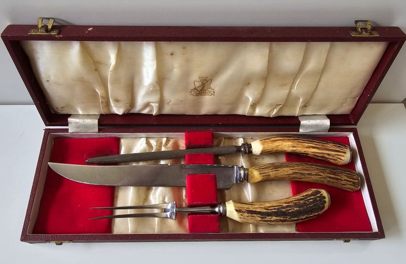 Vintage Samuel Peace Sheffield England Stag Antler & Stainless Steel Carvery Set Carousel 1
