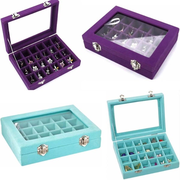 24 Slots Jewelry Display Box Glass Top Case Rings Earring Organizer Storage Tray Carousel 1