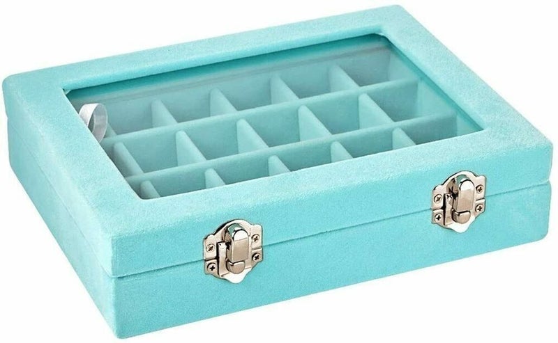 24 Slots Jewelry Display Box Glass Top Case Rings Earring Organizer Storage Tray Carousel 5