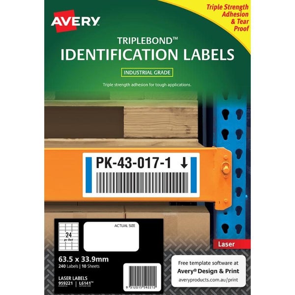 Avery Triplebond Label L6141 White Laser 63.5x33.9mm 24up 10 Sheets Carousel 1